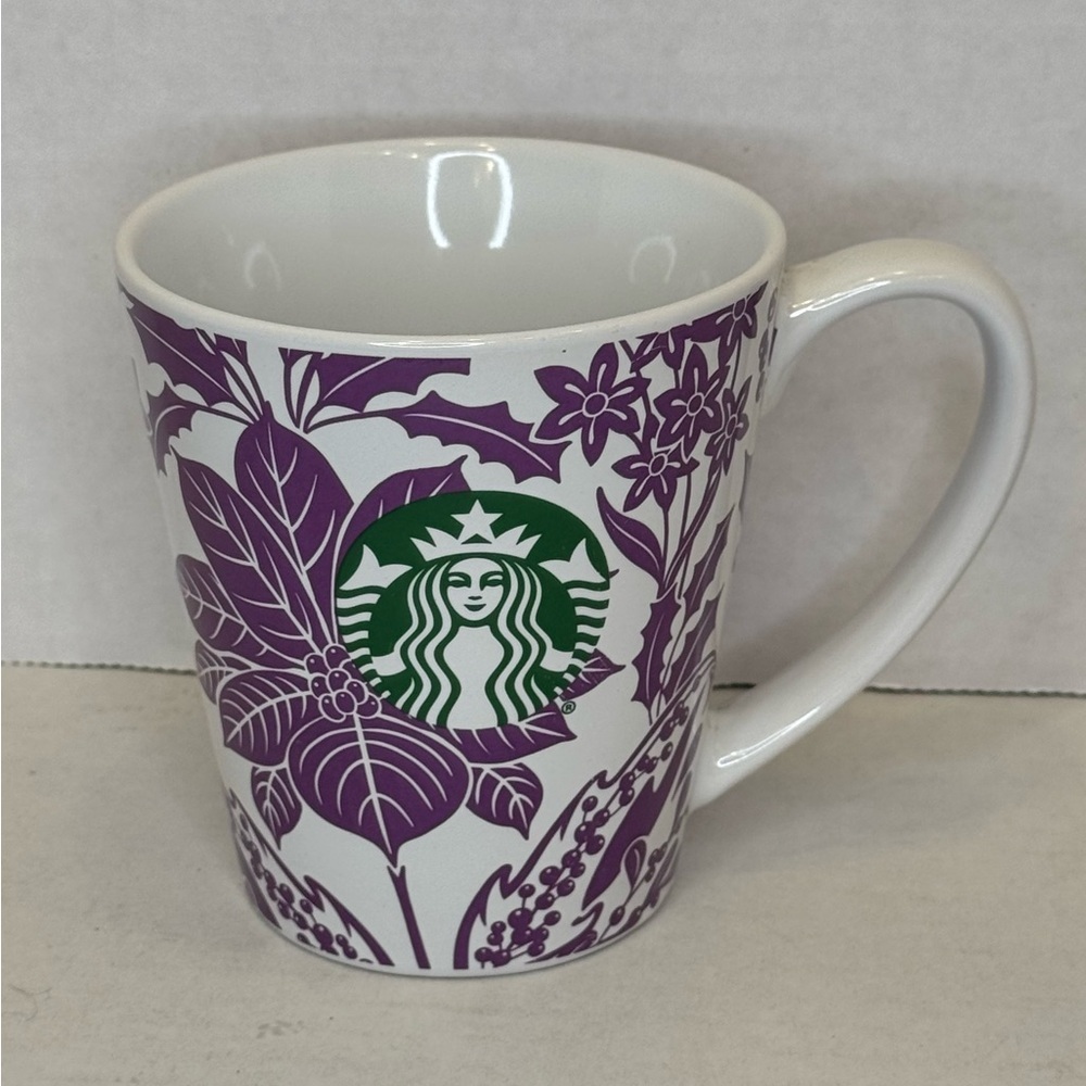 Starbucks 2017 Holiday Mug Purple Poinsettia and Holly Berry Floral design